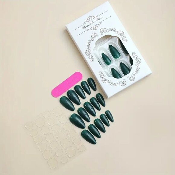 24 Green Fake Nails Press On Kit Glossy Almond Style Manicure Glam Reusable - Picture 3 of 6